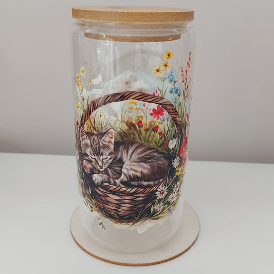 Fluffy Kitten in Basket with Wildflowers Glass Tumbler