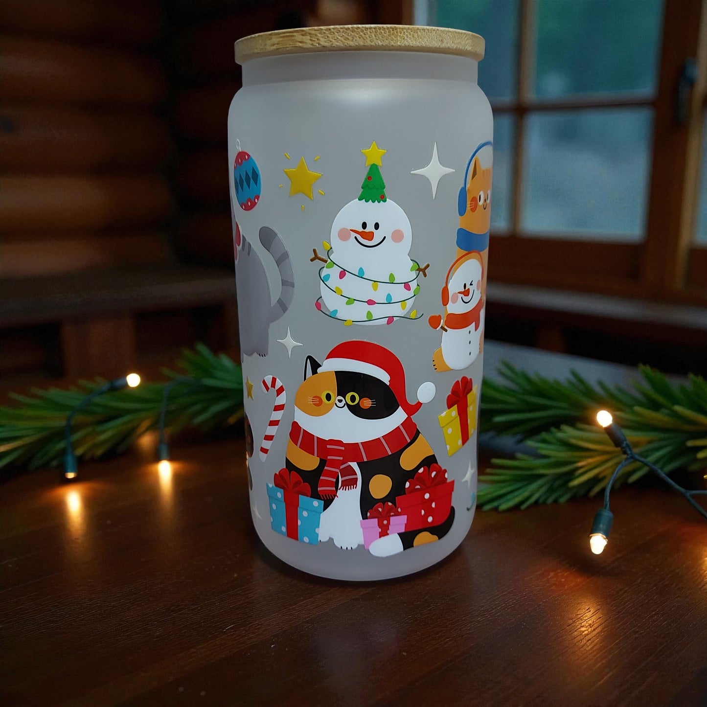 Christmas Cats & Snowmen 16oz Frosted Glass Tumbler