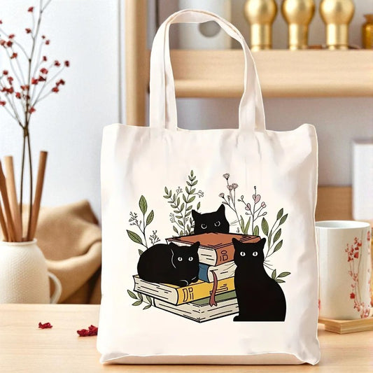 Black Cat Tote Bag – Three Cats on Books Design, Canvas Shopper 34x40cm