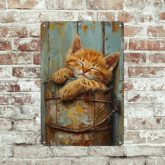 vintage cat metal picture.  GINGER kitten asleep in bucket