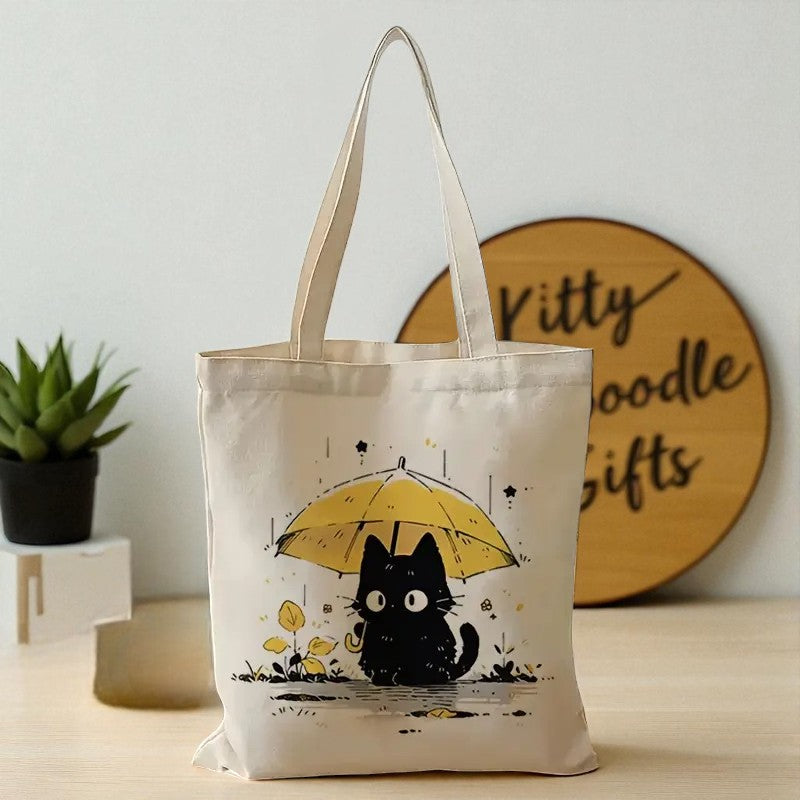 Cute Black Cat Tote Bag with Yellow Umbrella – Double-Sided Print, 35x40cm Canvas Shopper