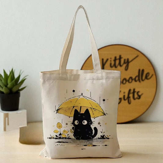 Cute Black Cat Tote Bag with Yellow Umbrella – Double-Sided Print, 35x40cm Canvas Shopper